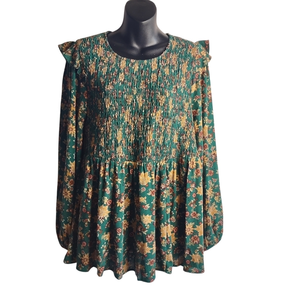 Torrid Women's Green Floral Peplum Crinkle Gauze Smocked Top Blouse Size 00